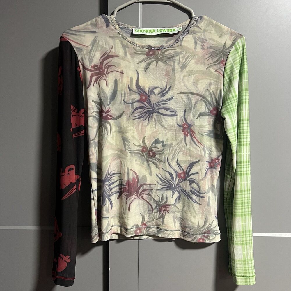 Chopova Lowena Crew Neck Recycled Nylon Mesh Top Plaid Floral Dog Print XS SS24